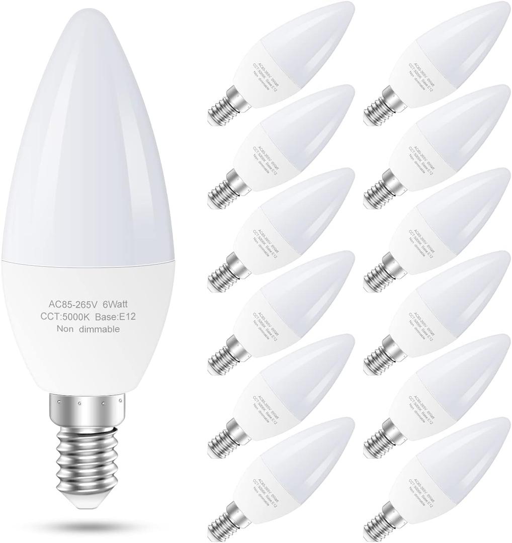 60 Watt Led Candelabra Bulbs Equivalent, E12 Led Ceiling Fan Lightbulbs, 550 LM, 5000K Daylight Type B Light Bulb for Chandelier, Non-Dimmable Candle Bulbs, 12 Pack (White)