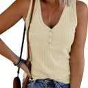 MEROKEETY Women's V Neck Tank Tops Summer Sleeveless Ribbed Button Casual Henley Shirts (X-Large, Apricot)