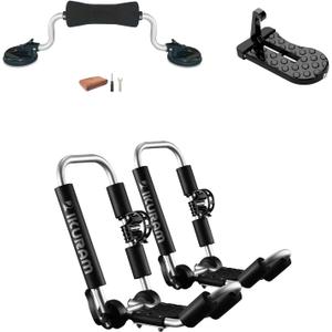 Kayak Roof Rack, Aluminum Kayak Carrier Folding J-Style Universal 3-in-1 Multifunction with Kayak Roller and Car Door Step for Canoe, SUP, Kayaks, Surfboard Rooftop Mount on SUV Car Truck Crossbars