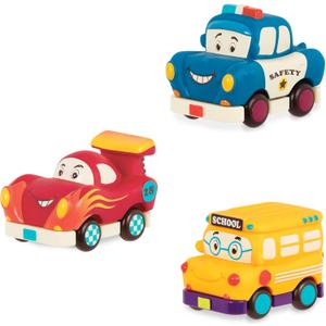 B. toys- Mini Wheeee-ls!- 3 pc Mini Pull-Back Vehicles Set, Bus & Cars, Multi, Hot Rod, School Bus, Police Car- 1 year +