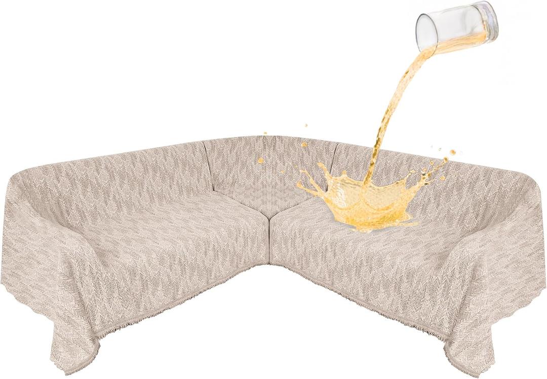 1OO% Waterproof Sectional Couch Covers for Dogs L Shaped Corner Sofa Cover Washable Chenille Sofa Slipcovers Blanket Modern Jacquard Pet Furniture Protector (91"x276", Light Khaki)