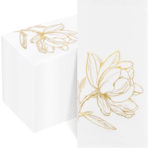 50 Pack Gold Magnolia Napkins - Gold Floral Disposable Napkins - Cloth-Like Feel Dinner Paper - Vintage Heavy Duty Hand Towels for Bathroom Wedding Holiday Party Bridal Decorative Towels