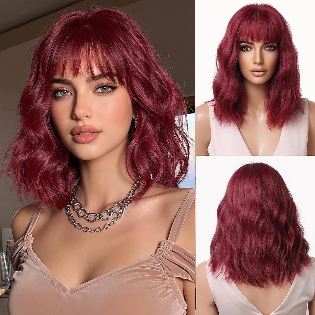 Esmee Short Wave Red Bob Wigs With Fringe Shoulder Length Burgundy Wig Curly Wavy Synthetic Cosplay Wigs for Women 14 Inches