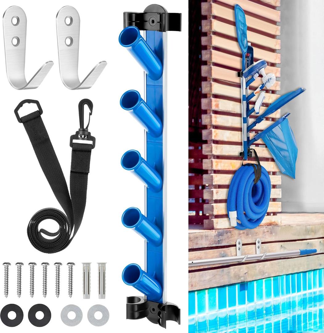 Swimming Pool Accessories Holder, Pool Cleaning Accessory Organizer and Holder Rack, Pool Tool Organizer Storage Rack for Poles, Skimmers, Leaf Rakes, Nets, Brushes, Vacuum Hose