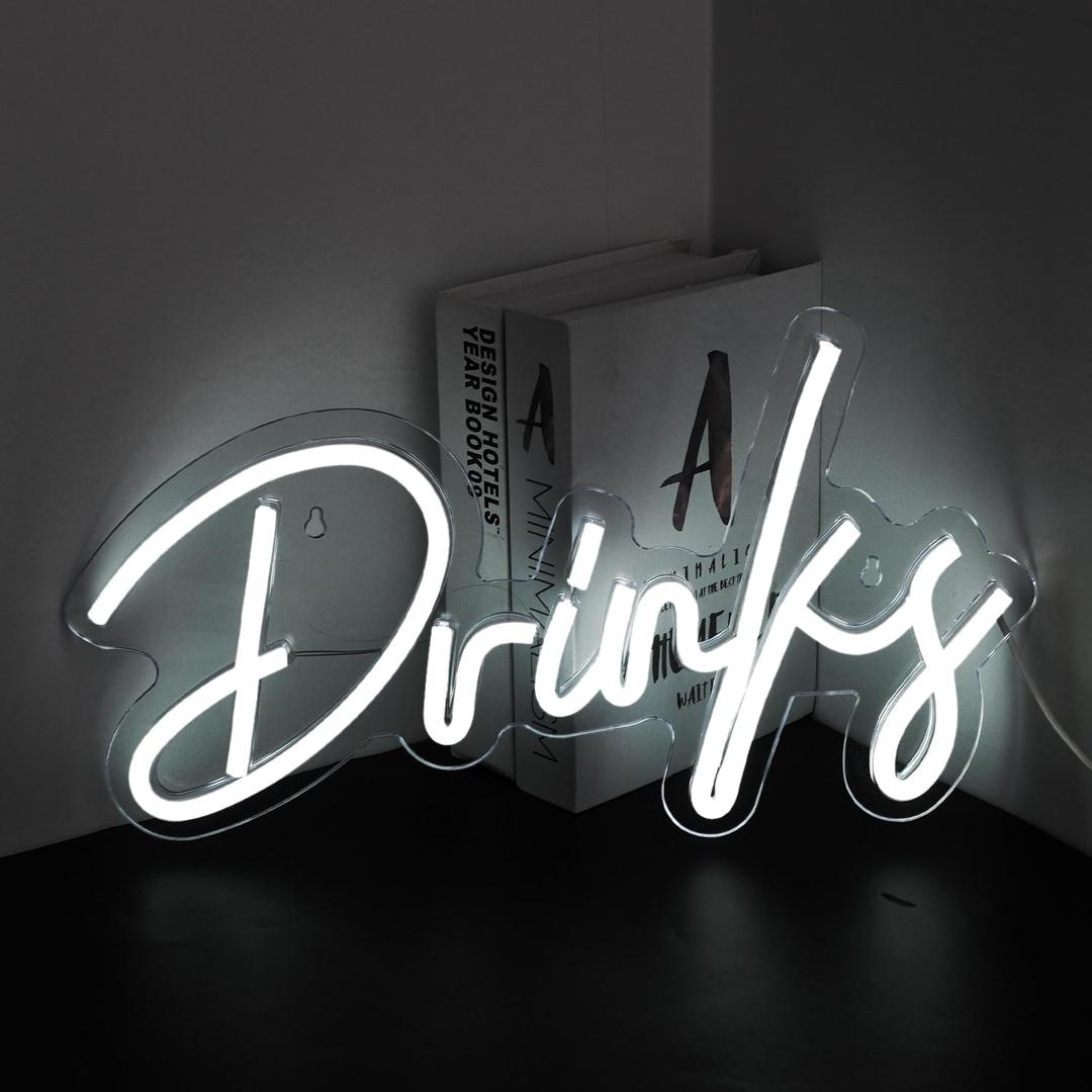 Looklight Drinks Neon Sign Bar Neon Signs for Wall Decor Neon Sign For Room White Neon Light Sign Led Neon Bar Signs USB Connectivity Light Up Wall Decor for Teen Room Bedroom Store