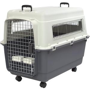 SportPet Designs Plastic Kennels Rolling Plastic Airline Approved Wire Door Travel Dog Crate, X-Large, Gray