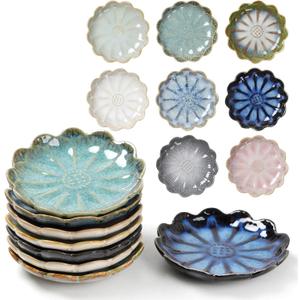 Ceramic Dipping Bowls Set of 8, 3 oz Sauce Cups, Chrysanthemum Round Small Side Dish for Sushi, Tomato, Soy Sauce, Condiment Finger Bowls