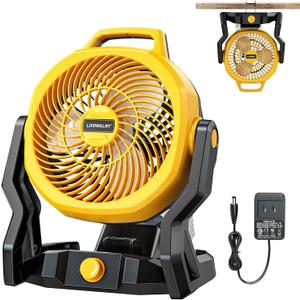 LIVOWALNY Battery Powered Fan Compatible with Dewalt 20V Battery (Tool Only) 3500RPM with AC Adapter Portable Floor Fan with Hook Handle Variable Speed for Camping Jobsite Tent Outdoor
