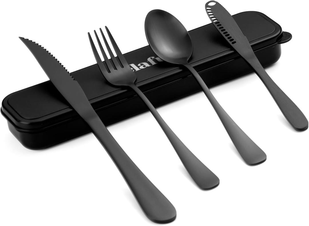 5-pieces Travel Set with Case Portable Silverware Utensils Set for work, Stainless Steel Reusable Flatware Set Cutlery Set for Camping Picnic Hiking Office, (matte black, 5.9)