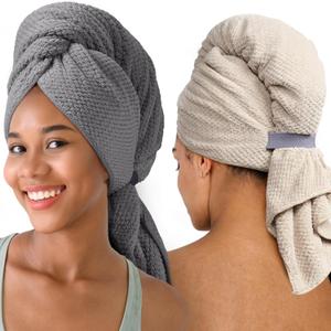 Extra Large Microfiber Hair Towel for Women Curly, Long, Thick Hair, 2 Pack Ultra Absorbent Hair Drying Towel Wrap, Super Soft Anti Frizz Hair Turban with Elastic Loop (Grey, Camel)