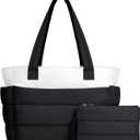 TOPDesign Puffer Tote Bag for Women, Lightweight Puffy Handbag with Compartments, Quilted Shoulder Bag for Work, Travel, Gym (Medium, Black/White)