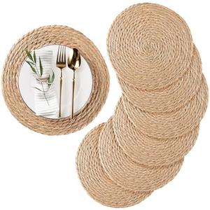 RUNTIVAN Round Woven Placemats Set of 6 Natural Water Hyacinth Place mats, 12 inch Rattan Placemats Wicker Placemats Farmhouse Boho Braided Heat Resistant Outdoor Placemat Patio Table Place Mats