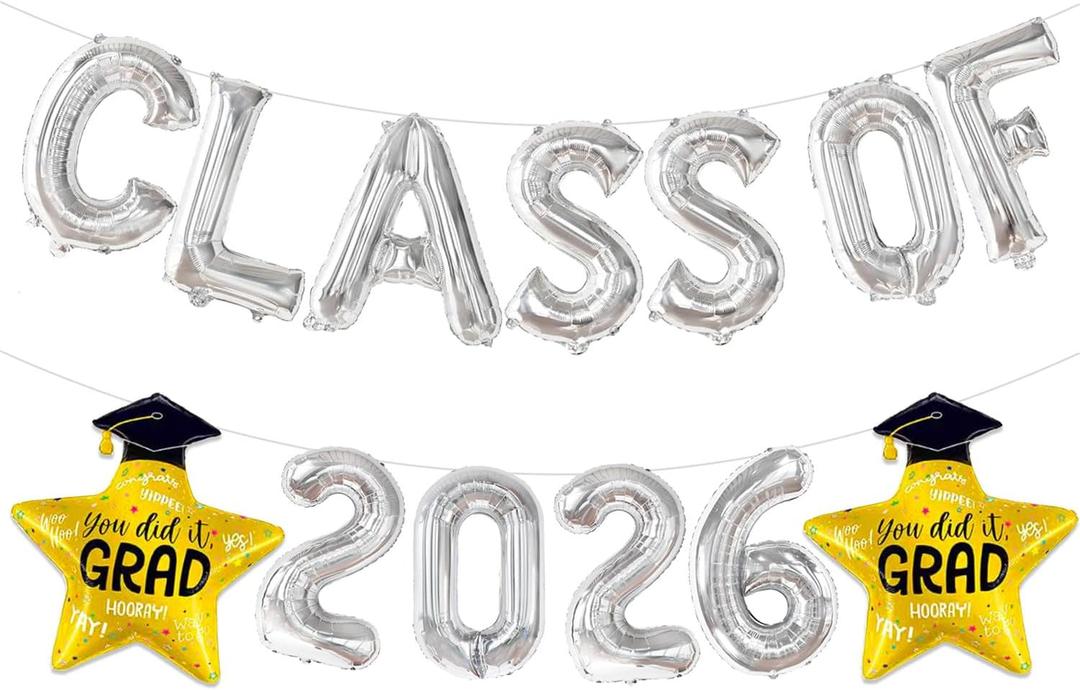 3 x Silver Class of 2026 Balloons Banner, 16 Inch Graduation Decorations Class of 2026 Balloons for High School College Graduation Party Graduation Decorations