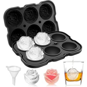 Ice Cube Tray, Mikiwon 2 inch Rose Ice Cube Trays With Covers, 6 Cavity Silicone Rose Ice Ball Maker, Easy Release Large Ice Cube Form for Chilled Cocktails, Whiskey, Bourbon & Homemade Juice Black