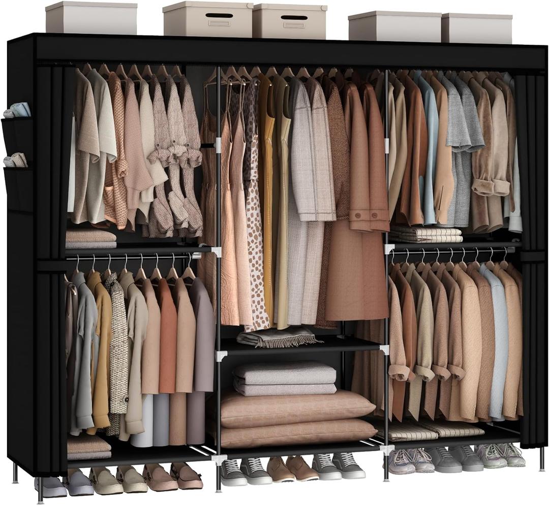 MOGELAFOO 83" Closet Wardrobe, Portable Closet for Bedroom, Freestanding Clothes Rack with Non-Woven Fabric Cover, 5 Hanging Rods, 6 Storage Shelves, Clothes Storage Organizer, Black