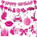 Hot Pink Birthday Party Decorations, Pink Princess Birthday Hanging Decorations, Princess Happy Birthday Banner Pink Party Decorations for Girls Doll Theme Party Cowgirl Birthday Decor