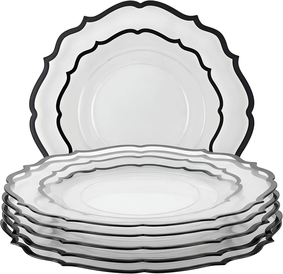 Contemporary Collection Combo Clear Plates with Black Rim - 7.5" - 10.5" (Pack of 32) - Sleek Modern Design - Perfect For Entertaining & Everyday Use