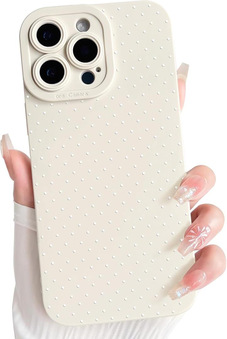 NITITOP Compatible with iPhone 15 Pro Max Case Cute Aesthetic Little Polka Dots Pattern Design for Women Men Girls Soft TPU Shockproof Stylish Full Camera Protective Phone Cover - White