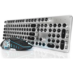 EWEADN TK950 Typewriter Mechanical Keyboard and Mouse, 104 Keys Aesthetic Typewriter Keyboard Mouse Combo with White Backlit, Anti-Ghosting, Black Switch Bluetooth/2.4GHz/Wired Cute Keyboards-Black