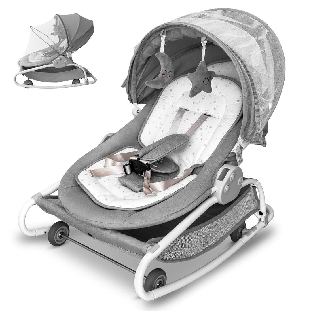 4-in-1 Electric Baby Swing, Electric Baby Bouncer, Dining Chair, Removable Rocker with 16 Preset Melodies, 0-30 Months Max 33 lbs, GreyNo Power Bank Included