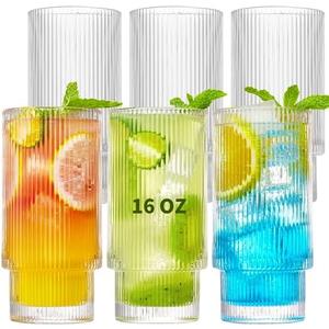 Qipecedm 6 Pack Ribbed Drinking Glasses, 16 oz Vintage Glass Cups, Highball Glasses, Premium Iced Coffee Glasses, Clear Glass Tumbler, Cocktail Glasses, Elegant Glassware for Water Juice Whiskey Beer
