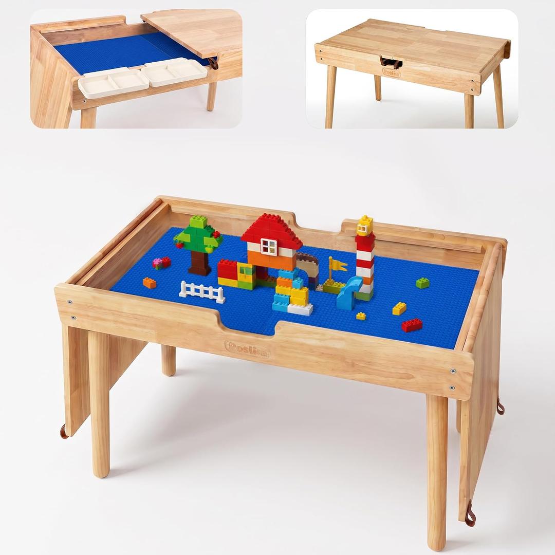 Roslim Lego Table for Toddlers, 2-in-1 Wooden Activity Kids Desk – Flip-Open Design for Everyday Writing & Drawing, Converts to Building Block Table with Storage, Gift for Boys Girls, Oak, 17.1"D x 35.4"W x 19.8"H