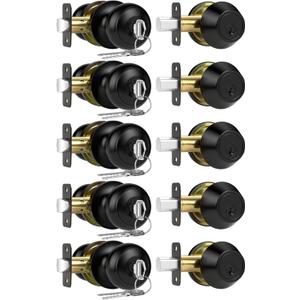 5 Pack Exterior Door Lock Set, Keyed Alike Entry Door Knob and Single Cylinder Deadbolt Lock Combo Set, Matte Black Door Knobs with Lock and Keys, Locksets for Front,Entrance,Back,Garage Door