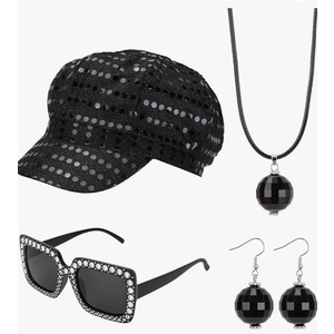 XEPST 4 PCS 70s Disco Costume Accessories Set with Sequin Hat Earrings Sunglasses Necklace Disco Fancy Dress Kit for Women Retro 70 80 Theme Party Costume, Black
