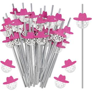 Tanlade 50 Pcs Mini Disco Ball Straws 70s Disco Straws Mirror Glitter Hat Party Decorations for Dance Holiday Wedding Birthday Supplies(Pink)