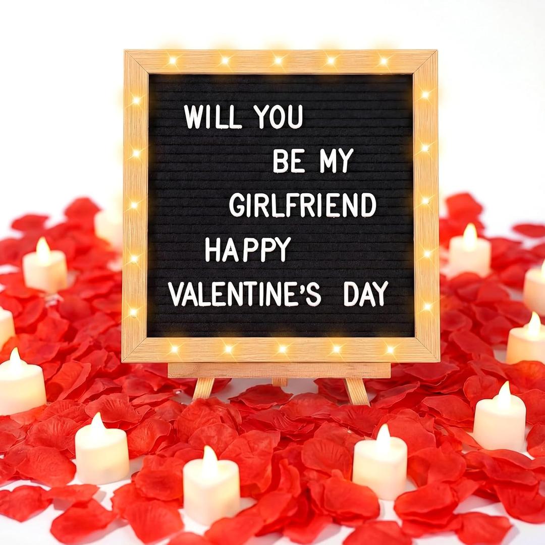 Ceenna Will You Be My Girlfriend Romantic Sign with LED Candles and Artificial Rose Petals, 10 x 10 Inch DIY Felt Letter Wood Board Sign with Lights for Valentine's Day Anniversaries Party Decor