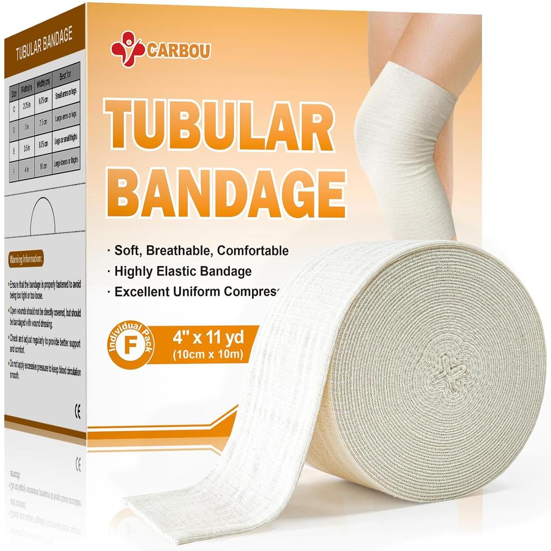 Carbou Elasticated Tubular Support Bandage 4" x 11 yd (Size F), Soft Stockinette Tubing for Legs, Arms, Knees, Thighs, Reusable Compression Support Bandage Roll for Joint Tissue