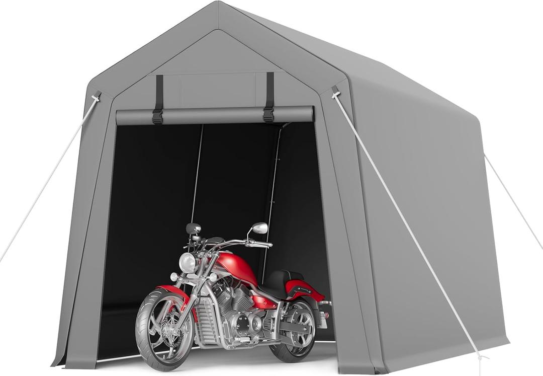 6X8 ft Heavy-Duty Portable Motorcycle Storage Shed with Roll-Up Door & Vent, 220g Waterproof PE Tarp & UV Protection, Motorcycle Shed for Motorcycles, Firewood, Garden Tools - Gray