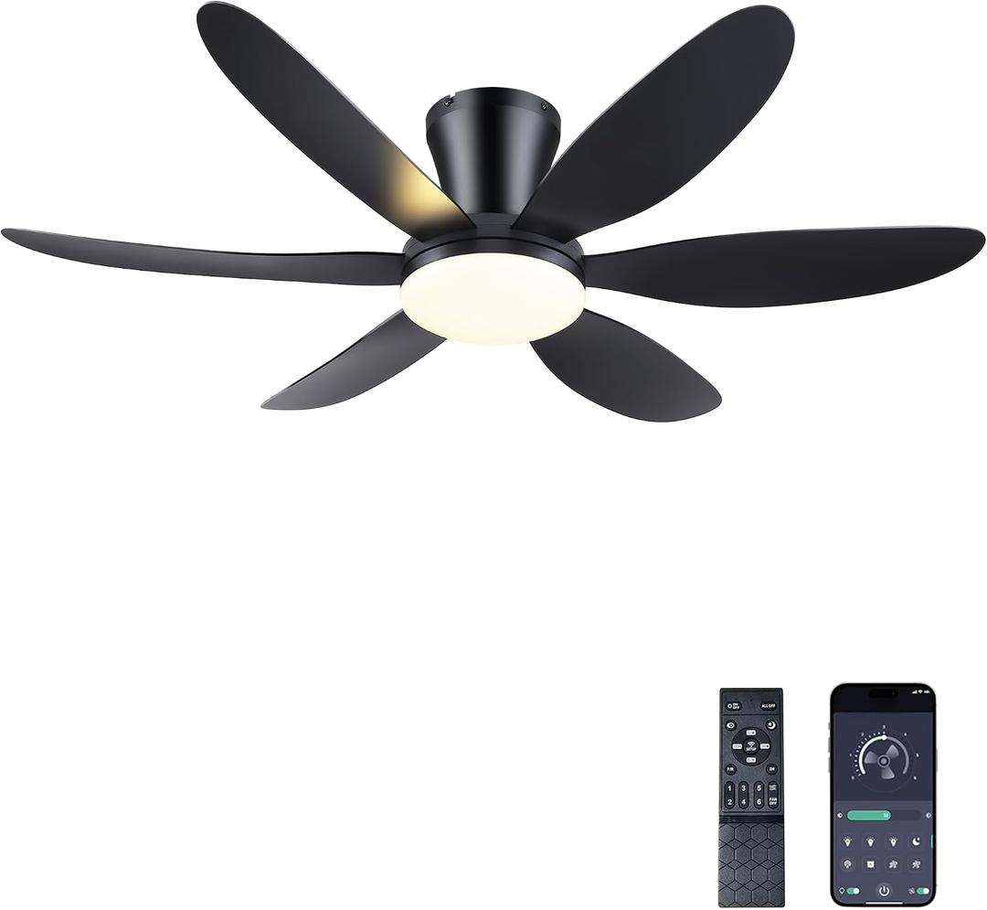 GJeg Ceiling Fans with Lights,42" Low Profile Ceiling Fan with Light and Remote Control,Flush Mount, Reversible, Dimmable, Noiseless, Black Ceiling Fan for Bedroom, Small