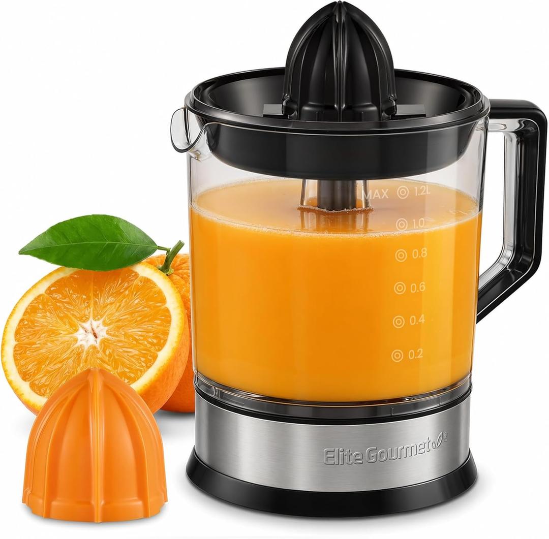 Elite Gourmet ETS740 BPA-Free 40-Watt Electric Citrus Juicer with 2 Cones, Compact, Large Volume, Pulp Control, Oranges, Lemons, Limes, Grapefruits with Easy Pour Spout, 1.2L, Black/Stainless Steel