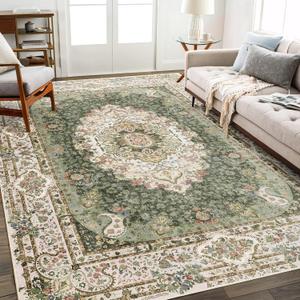 8x10 Area Rugs Washable,Green Rug for Living Room Bedroom Dining Room,Large Boho Vintage Bohemian Distressed Carpet Non Slip,Floral