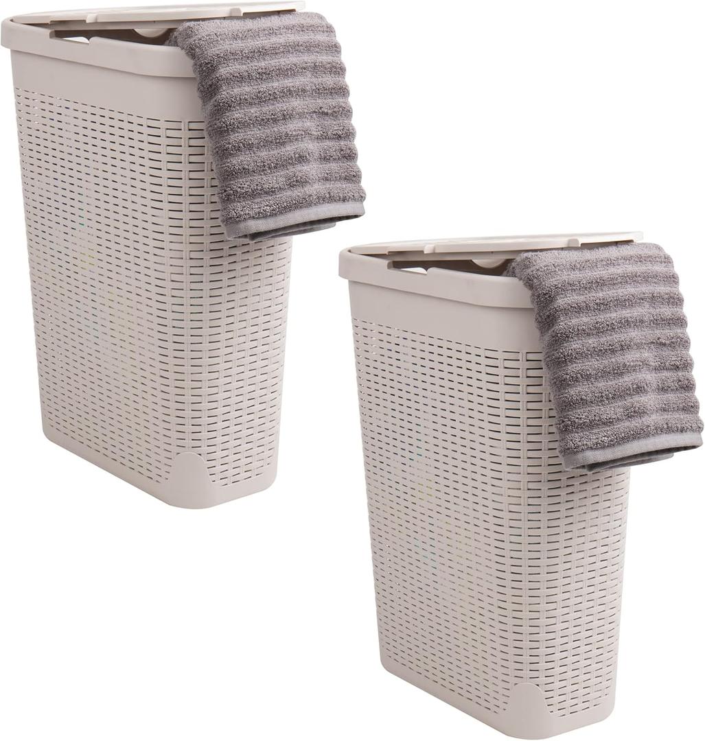 Mind Reader Slim Laundry Hamper with Lid, 40L Clothes Basket, Narrow Tapered Design with Ventilated Cutout Pattern, Plastic, Set of 2, Ivory