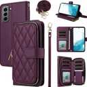 Wallet Case for Samsung Galaxy S21 Plus S21+ 5G with Wrist Strap 9+ Card Slots Zipper Purse, Luxury PU Leather Stand Full Body Phone Cover for S21+5G S21plus 21S + S 21 21+ G5 Women Deep Purple (Wine Red)