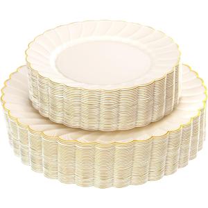 YOUBET 60PCS Ivory Scalloped Plastic Plates - Hard Cream and Gold Fancy Disposable Plates include 30 Gold Dinner Plate, 30 Dessert Plate for Party Wedding Valentines Day
