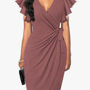 oten Women's Deep V Neck Ruffle Sleeve Sheath Casual Cocktail Party Work Faux Wrap Dress M