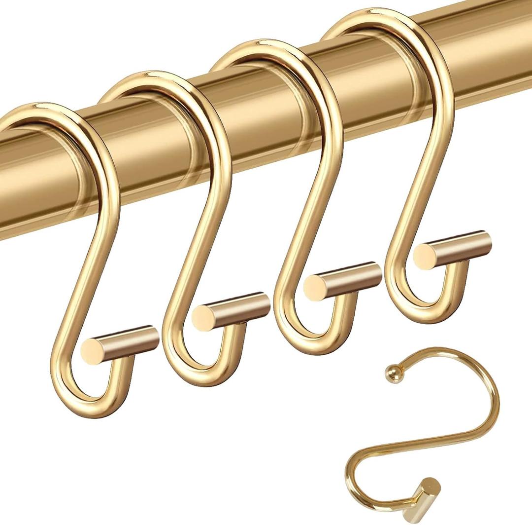Actpe Decorative Shower Curtain Hooks Rust Proof for Bathroom, Metal, 12pcs Premium Rust Resistant Hooks Glide Shower Ring Hang Holder T Shape Hooks for Living Room (Gold)