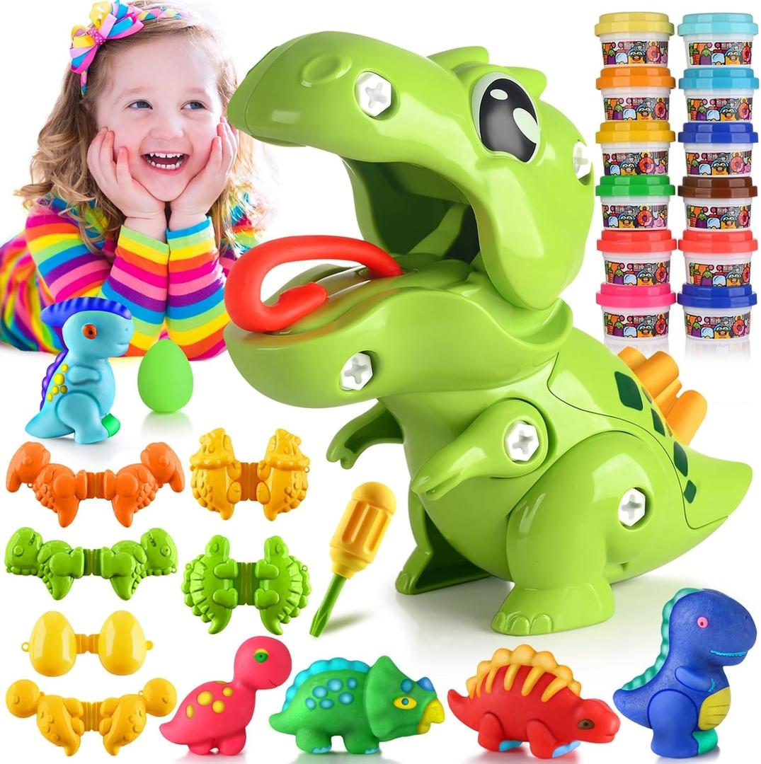 Dinosaur Dough for Kids Play Tool Set for Toddlers, Kitchen Creations Playset and DIY Toy Set, Dough Birthday Holiday Gift Dinosaur Toys for Kids 3-5 and Up Boys and Girls (Green)