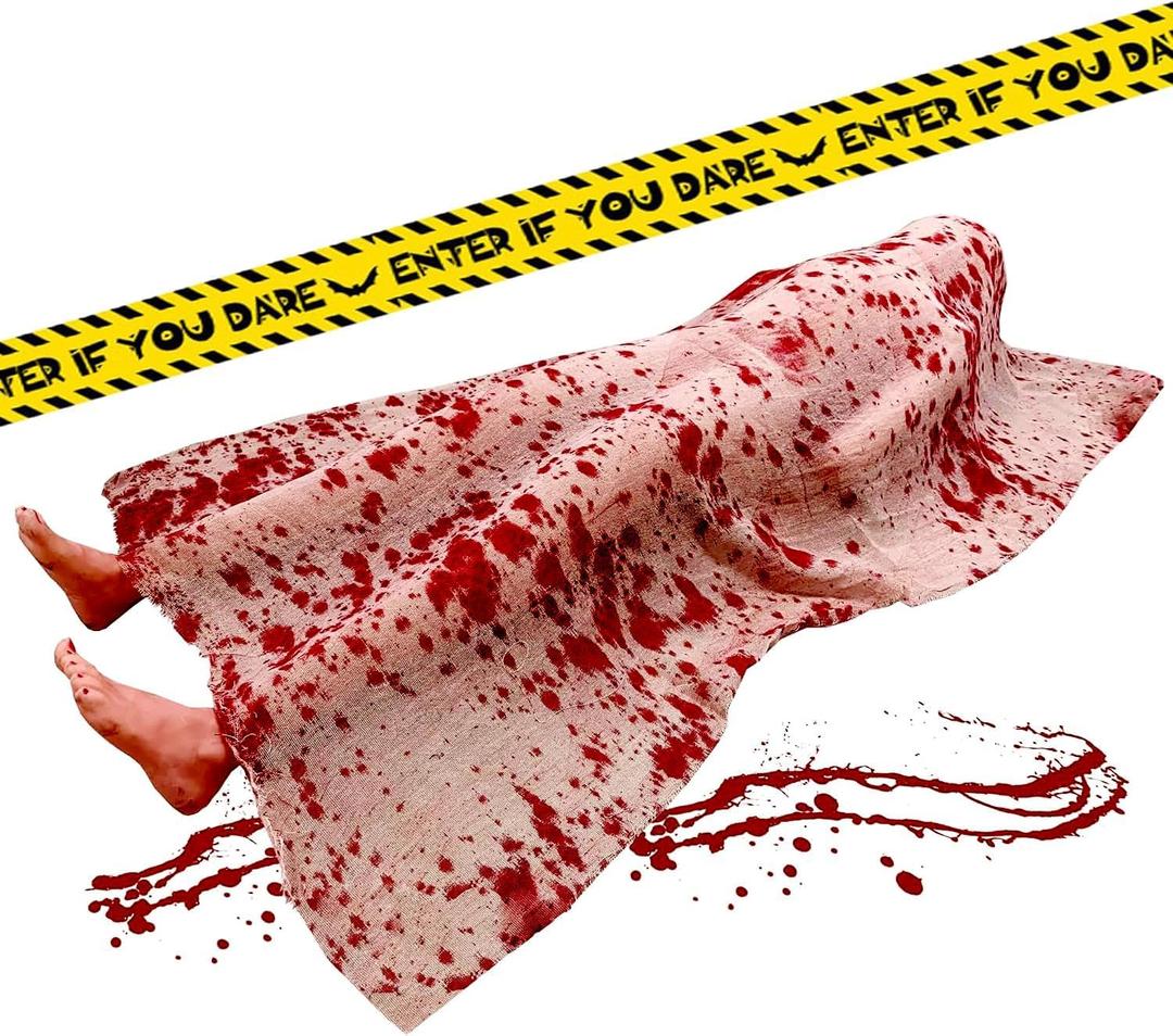Halloween Decorations Outdoor Props with Caution Tape, Inflatable Corpse Dead Victim Props Outdoor Scary Props for Indoor Halloween Party Creepiest Haunted House Yard Party Decor