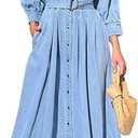 Women's Denim Shirt Dress Button Down Jean Dress Long Sleeve Midi Dress with Pockets, S