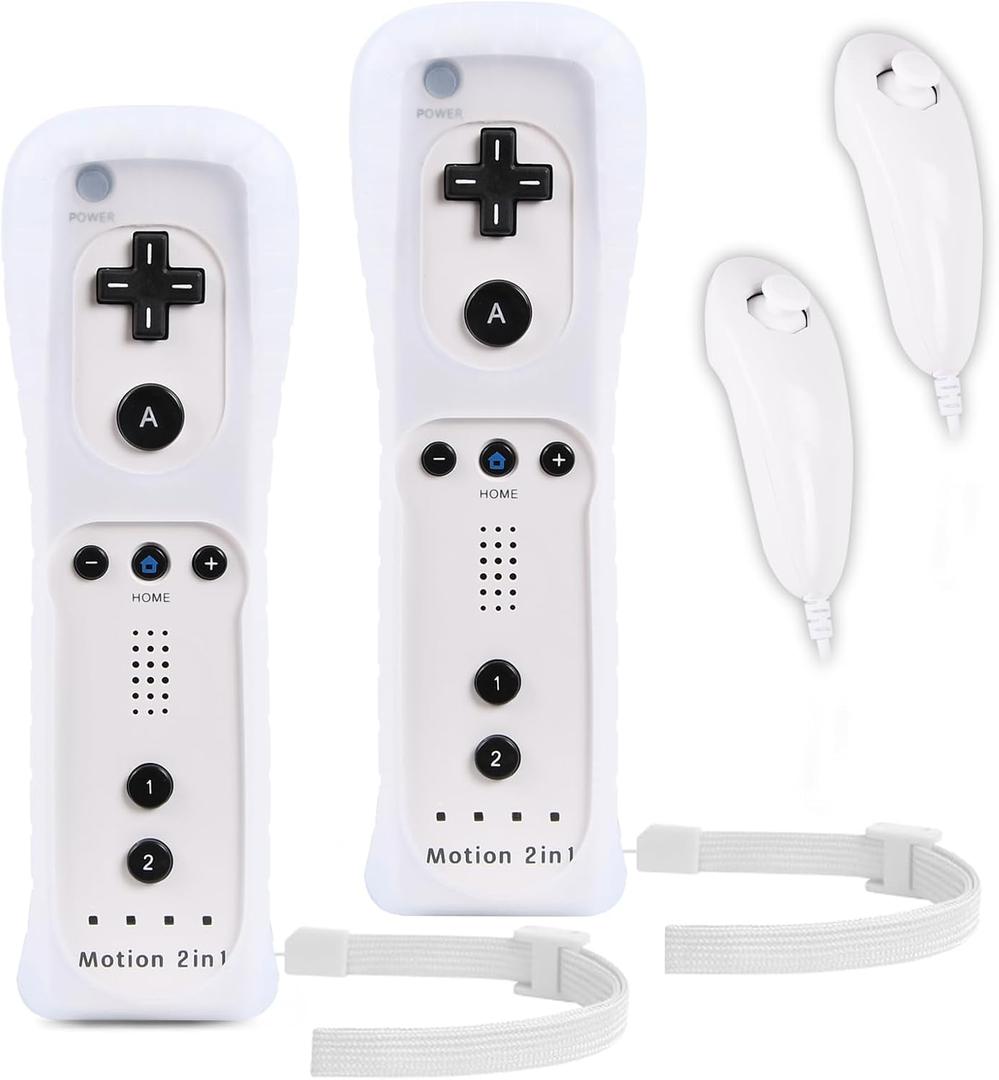 Motion Plus Wii Controllers 2Packs with Nunchucks, Wii Remote Controllers Compatible for wii and Wii U with Built in Motion Plus (2whites)