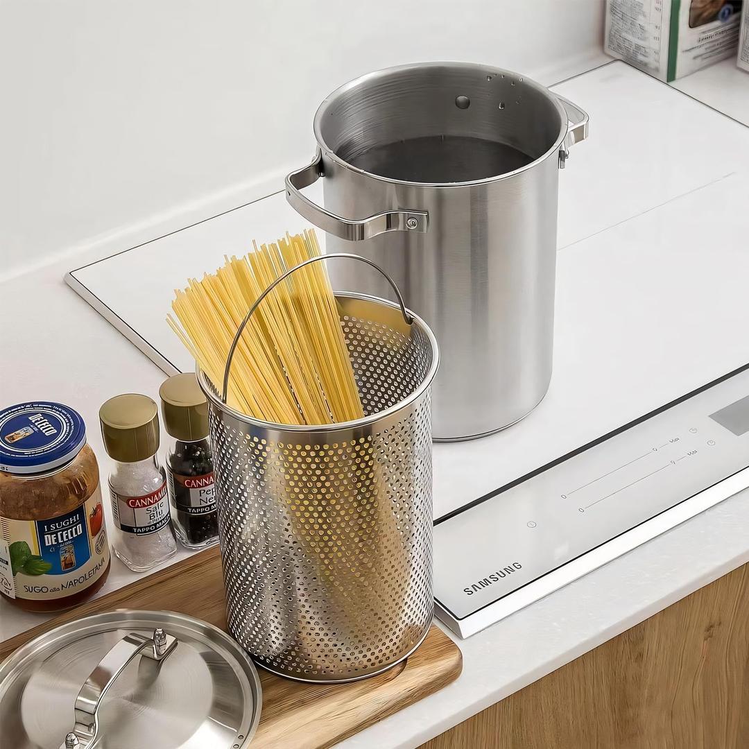 Asparagus Pot, Stainless Steel Asparagus Steamer Pot & Spaghetti Pasta Cooker with Perforated Steamer Basket - 3-Ply Base, 4.3L/1.14Gal, Versatile Cookware