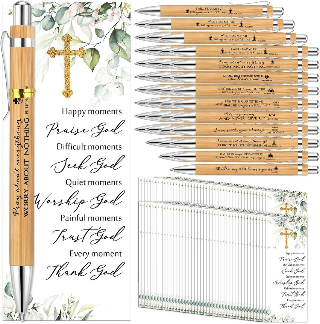 50 Sets Christian Religious Gifts Bulk Bible Verse Bamboo Pens and Christian Bookmarks VBS Religious Inspirational Church Vacation Bible Gifts School Supplies