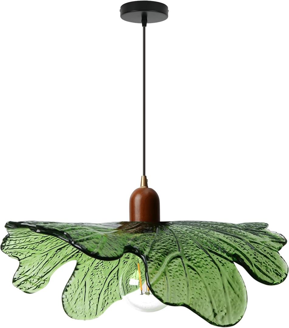 Green Glass Pendant Light Fixtures, 15.75" Hanging Ceiling Light Adjustable Vintage Floral Glass Chandelier for Bedroom Nursery Vanity Kitchen Island