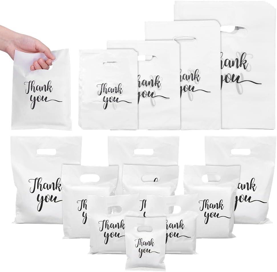 NBEADS 200 Pcs 4 Sizes Thank You Bags, White Thank You Merchandise Plastic Shopping Boutique Bags with Handles Die Cut for Small Business Clothes, Boutique, Party, Stores Retail