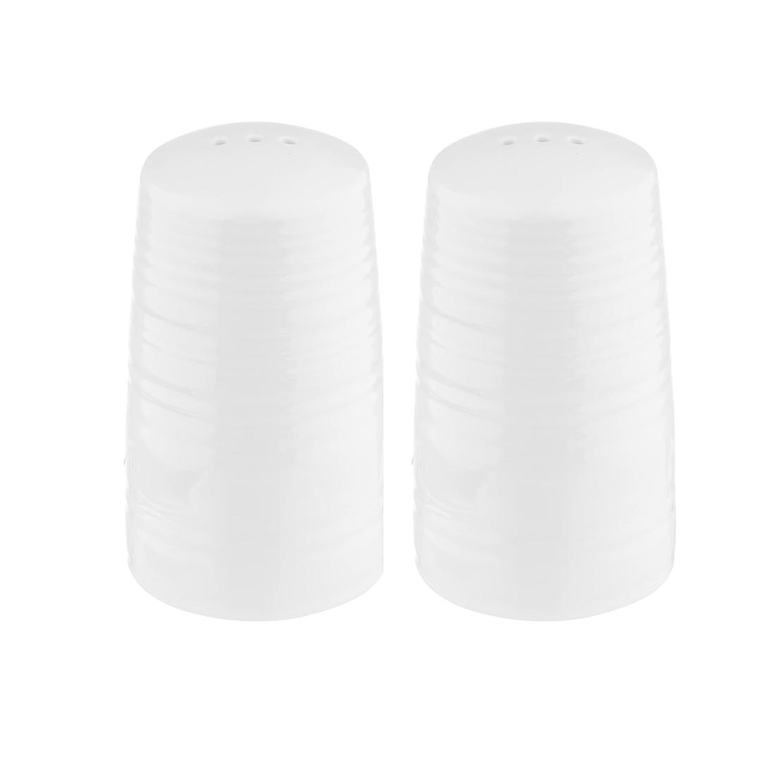 TableCraft 10413 Salt & Pepper Shaker Set, Pulito Collection, 1.25 oz, 2" Dia x 3.375" H, White Melamine with Textured Finish, Dishwasher Safe