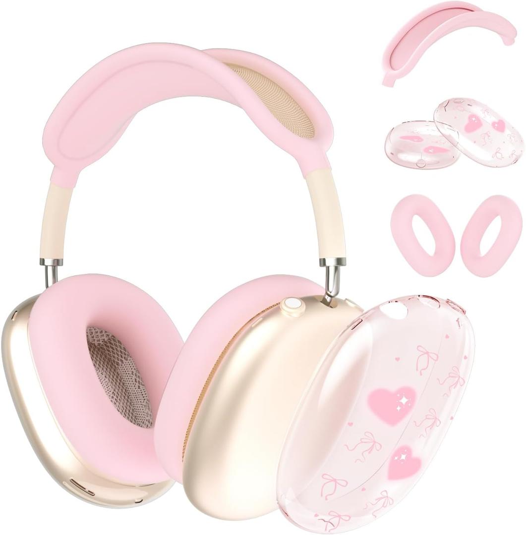 Case for AirPods Max Headphones,Cute Girly Pink Big Heart Clear TPU Ear Cups Cover,Pink Silicone Ear Pad Headband Protective Case Cover for Apple AirPods Max
